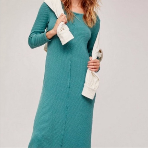 ANTHROPOLOGIE Sasha T.La Ribbed Cotton Knit Midi Maxi Dress new NWT Teal Blue XS - Picture 2 of 16